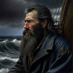 The large angry black haired bearded skipper "Boatsman" looking out at a stormy sea realistic grimdark