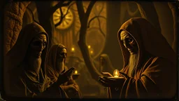 Daguerrotype close up some mysterious figures, odd background, cinematic, Hieronymus Bosch Max Ernst ambient light, by Minicavio Quollati and Marlost Endgulp, Amano, Botticelli, Alphonse Mucha