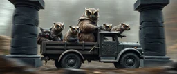 bad ass Owlbears badgers beavers overgrown overlord on stone age lorry with some kobolds, hyperrealism, motion blur background with black stone pillars as frame