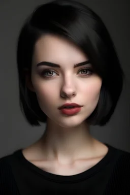 beautiful white girl, jawline, almond eyes, soft arch eyebrows, big lips, black short hair, black mini dress