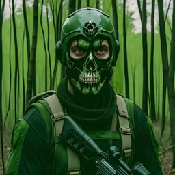 medium-full shot, muted photo portrait titled "Lone mercenary man with a skull mask", black commando uniform, muted palette, detailed, 8k, reflections, Lost in the Forest, Exploring the Unknown, Jungle Expedition, 4k, high-definition, ultra HD, 1080p, retina display