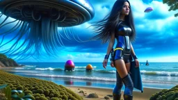 A Long-Haired Woman In A Robotic-Looking Catsuit Standing On A Beach, With Flying Mushrooms with Jellyfish Tentacles, and a crashed Spaceship lying in the water, and a Forest in the distance, photorealistic