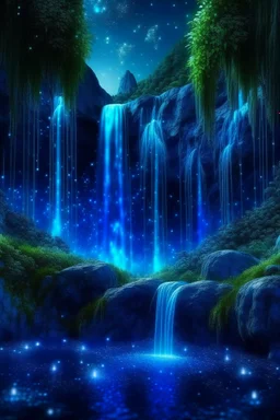 blue crystal forest with waterfalls, falling stars, aesthetically pleasing, beautiful, realistic, close-up, professional photo, 4k, high resolution, high detail, 30mm lens, 1/250s, f/2.8, ISO 100, dim lighting, soft lighting, neon lighting