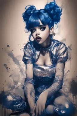 Poster in two gradually, a one side the Singer Melanie Martinez face, full body, sit pose, painting by Yoji Shinkawa, darkblue and sepia tones,sinister, detailed iridescent, metallic, translucent, dramatic lighting, hyper futuristic, digital art, shot with Sony Alpha a9 Il and Sony FE 200-600mm f/5.6-6.3 G OSS lens, natural light, hyper realistic photograph, ultra detailed -ar 3:2 -q 2 -s 750,malevolent goth vampire girl face and other side