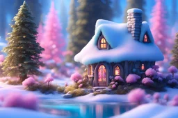 Little small fairy house set in a magical snow covered forest. Lots of flowers, birds and butterflies. Sparks of light everywhere. The sky is blue. In the foreground are pink and yellow flowers, then an iced turquoise lake near snow-covered fir trees. Intense colors. hight definition Magical atmosphere