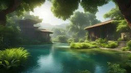 (A mirage of greenery and water, a paradox of light, an unacceptable refrain of destiny, a beautiful melody, free binary data, and simple lighting effects.), detailed textures, high quality, high resolution, high precision, realism, color correction, appropriate lighting settings, Harmonious composition, Behance work