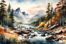 watercolor illustration of the untamed American wilderness in the style of Karl Bodmer, with a fine art aesthetic, highly detailed , 4k UHD cinegraphic quality