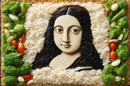Authentic Bento Box Art, mona lisa, made from veg on a rice background