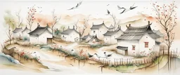 A white village with windmills and birds painted by Cai Jia