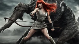 Full-body retro photo of a woman with straight red hair and a Fringe, in a fight with a monster, wrapped in tenacles, in an action pose, sci-fi Background