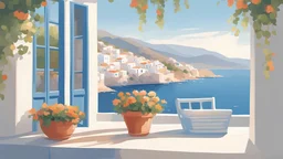 a painting of looking out from a window onto the sparkling Aegean Sea. Paint the view—white-washed buildings against a backdrop of blue water. Include window shutters, flowerpots, and glimpses of neighboring houses, in style of greek mediterranean lifestyle concept :: summer holidays, greek contryside, Greece:: a storybook illustration by James Gilleard, accurate details, behance contest winner, 2d game art, storybook illustration, rich color palette