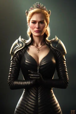 Cersei Lannister as evil queen in black leather, busty, cleavage, curvy, lena headay, angry, stern look. character design by cory loftis, fenghua zhong, ryohei hase, ismail inceoglu and ruan jia. unreal engine 5, artistic lighting, highly detailed, photorealistic, fantasy