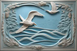 ((pale blue exquisite bas-relief art sea waves and birds on wall)) , with thin wavy lines decorative elements, work of art, intricate, vertical light, shadow, bas-relief art , masterpiece