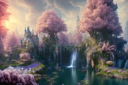 a fairy tale style, with anda indigo castle，waterfall, flowering trees, full of details, matte painting, concept art, smooth, bright sunshine，soft light atmosphere, blender unreal engine，light effect，rtx on，vaporwave colorful, artstation, concept art, smooth, extremely sharp detail, finely tuned detail, ultra high definition, 8 k, unreal engine 5, ultra sharp focus, illustration, magic ambient, asiatic