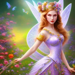 bright fairy, beautiful portrait, flowery landscape