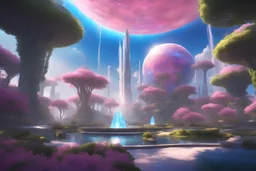 galactic angels coming from space, blue and pink lights, sunny atmosphere, concept art, smooth, extremely sharp detail, futuristic crystal dome in the japonese garden on another planet, vessels, green plants, flowers, big trees blue sky, pink, blue, yellow soft lights, waterfall, finely tuned detail, cinematic smooth, intricate detail, futuristic style ultra high definition, 8 k, unreal engine 5, ultra sha