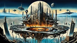 a stunningly weird image of a futuristic metropolis using Salvador Dali's paranoiac-critical method, where buildings and structures appear to melt into the skyline cityscape is filled with floating mad, twisted sharp metal shapes that interact with the buildings and each other, forming a surreal tableau of a dreamlike reality. neu-steampunk vibe, essence of the scene in a cinematic manner, with dramatic shadows that enhance the distorted perspectives and bizarre
