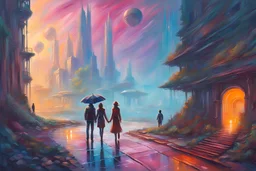 painting of a futuristic psychedelic cyberpunk colourful walkway with two people making an exchange in the city with pollution by monet. umbrella. open space. cosmic anomoly