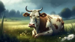 Fantasy digital illustration: old, sad cow in the meadow