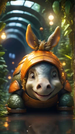 close up, magazine cover, smiling with front teeth, metallic yellow orange donkey turtle knight with friendly cute face and hair locks in dark lit reflective wet jungle metallic hall dome hotel tunnel, in the style of a game,bokeh like f/0.8, tilt-shift lens 8k, high detail, smooth render, down-light, unreal engine, prize winning