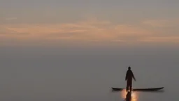 evening calm atmosphere, lake + moon, figure of a horse rider on the horizon