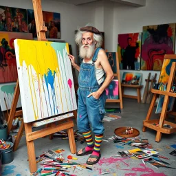 An elderly bohemian artist with wild curly white hair, worn beret, denim overalls with suspenders paint-stained, colorful striped socks and sandals, standing at large easel painting vibrant abstract expressionist canvas with dripping yellows, electric blues, hot pinks, deep reds, bold blacks cascading down. Art studio with colorful abstract expressionist paintings hanging on walls in background, finished artworks displayed. Studio floor covered in paint tubes, brushes, palette knives, rainbow pa