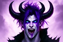 Young man with demon horns, fangs, messy purple hair and blue eyes