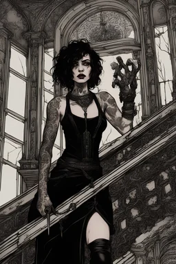 scarred cyberpunk vampire girl with tribal tattoos short curly dark cyberpunk hair descending the staircase in decaying gothic mansion with ornate dagger in hand at dawn