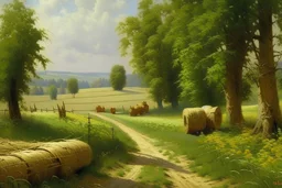 Peder Mork Monsted style,Hungary, field with hay bales, dirt road, forest in the distance, summer
