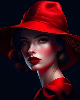 Highly detailed photo of a woman in a red hat, on a dark background, vector graphics, Kuno Weber style, in the trend of cg society, digital art, elegant oil painting, red fabric, bright red lips, glamorous, hyperdetalization, hyperrealistic, 126k, high quality, perfect composition, cinematic light