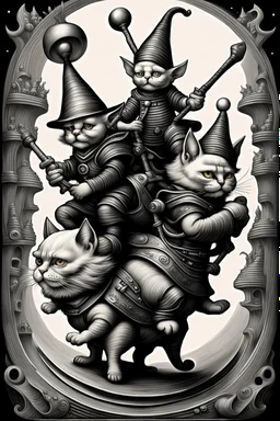 gnomes riding cats with lances in the style of Escher and Giger