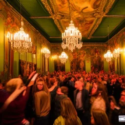 Party in a schloss, cheering people, Austrian aesthetic, warm colors, wooden floor, green walls, red, chiaroscuro, 8k, HD, cinematography, photorealistic, Cinematic, Color Grading, Ultra-Wide Angle, Depth of Field, hyper-detailed, beautifully color-coded, insane details, intricate details, beautifully color graded, Cinematic, Color Grading, Editorial Photography, Depth of Field, DOF, Tilt Blur, White Balance, 32k, Super-Resolution, Megapixel, ProPhoto RGB, VR, Halfrear Lighting, Backlight