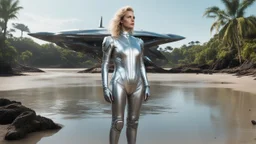 Middle-aged woman with blond hair in a robotic silver catsuit, standing on the right of a partially submerged sleek spaceship, on an alien beach, with alien trees