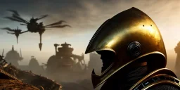 apocalypse, chaotic, magnificent, realistic, colorful, massive, epic, ray tracing, cinematic, 8k, HD, Ultra High Definition, photo film, film grain, hyper-detailed, 2 old tarnished ornate rusty Hyper detailed Gold Medieval Knight helmet with glass visor and matching suit of armor, alien planet with jungle over growth