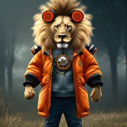 Lion toddler, smile, steampunk headphone, sunglass, gangsta neckless, full body, orange puffer jacket, tokio background, dramatic lighting, hyper realistic, unreal engine 5, 16k