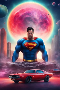 Superman-Doomsday, cosmic clouds, neon cityscape, muscle cars, planets, moons, stars, cosmic vortex, bright red, every color in the rainbow, 4k, 8k, 16k, 32k. 100k UHD, extremely detailed skin texture, hyper-realistic, photorealistic, Realism Engine, EpicPhotoGasm, Realistic Vision V51