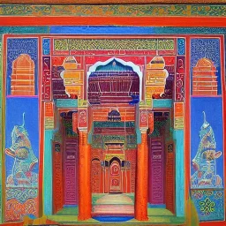 spiritual chakra consciousness of Indian temple mosque architecture in Tibetian painting style surrounded by mystical creatures