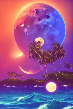 1980's vaporwave aesthetic palm trees with lightning with lunar eclipse moon crescent in the ocean waves sunset