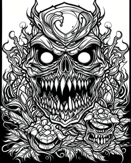 create a 2d black outline, "scary psycho monster with half of face with deformation on face and psycho smile and corrupted thorn coloring book for adults", coloring page, low details design, black contour, coloring page design, coloring page for adults,horror background, black contour and white space beetween contour, same contour,sketch style, horror style, creepy style, minimalist, halloween background,simple