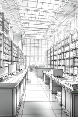 Library, state-of-the-art computers, book search. High-quality drawing, 8K