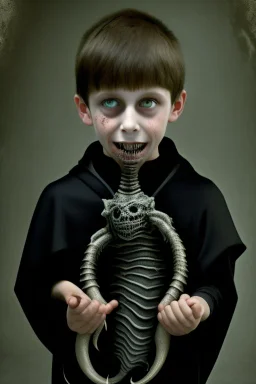 7 year old boy, necromancer, friendly, looks dead,with a long lamprey emerging from his belly , wearing black robes, in the style of H.R. Giger