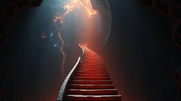 Stairs between heaven and hell, a big vertical spiral staircase made of indefinable material, the end of which cannot be seen, connecting the hellish dark depths with the endless dark blue universe, higg detailed, surreal, dark vibe, cinematic