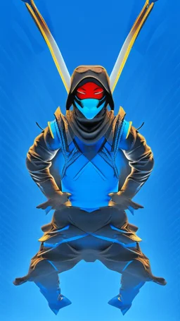 Arte digital Retrato hombre Ninja hiperrealista 4k cuerpo completo de cabeza a pies cielo azul claro