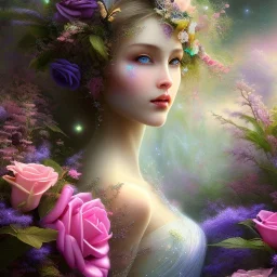 beautiful detailed fairy inside a wide flowery dreamscape, soft pastel colors, soft lightning