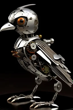 a metal sculpture of a bird holding a wrench, mechanical cute bird, mechanical bird, metal art, robot bird, made from mechanical parts, metal sculpture, surreal metal sculpture, made up of many bits of metal, anthropomorphic bird, biomechanical sculpture, a surrealistic bird, surrealistic bird, parrot, new sculpture, chrome art, breathtaking art