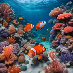 An underwater scene teeming with colorful coral, busy clownfish, and a gentle sea turtle