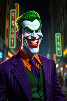 Jack Nicholson, The Laughing Man - A tall, muscular 20-year-old man, with (((Short, crew cut wavy green hair tapered on the sides and back:1.5))), his face is white with red lips permanently stuck in an evil grimace/smile, he has thick, bushy green eyebrows He wears a purple pinstriped jacket over a green waistcoat and an orange button up shirt with a purple tie, ((Photorealistic)), ((Cinematic Lighting)), the background is a Dark, neon lit city