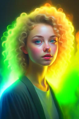 art colorfull background, a cute curly blonde female chat robot that stares at us like we are the prettiest demons she has ever seen, its such a perfect day, motion blur, smoke, 8k, downlight, soft light, depth of field, photorealism, trending on art station, lotsa detail