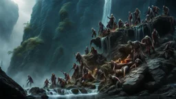 a pile of rotting zombies at the foot of a 3.000 feet high waterfall. fantasy setting, horror. exquisite realism, a masterpiece, fantasy concept art, dynamic lighting, hyperdetailed, intricately detailed, deep color, Unreal Engine, volumetric lighting, Epic cinematic brilliant stunning intricate meticulously detailed dramatic atmospheric maximalist digital matte painting