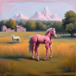 a big muscle man sitting on a pink horse.like 19th painting